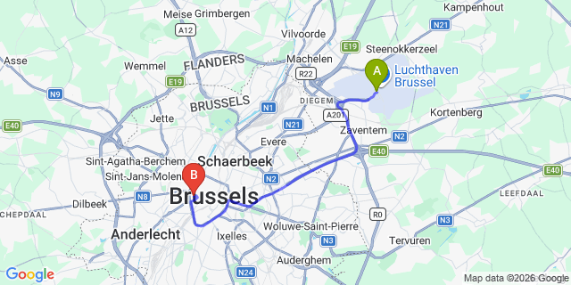 Map: Brussels Zaventem Airport (BRU) to Hotel Queen Mary, Brussels