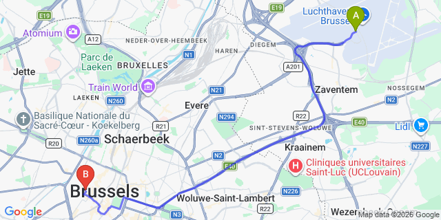 Map: Brussels Zaventem Airport (BRU) to Hotel Saint-Géry by Dandy, Brussels