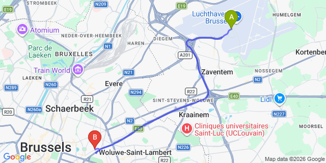 Map: Brussels Zaventem Airport (BRU) to Hotel Satellite, Brussels