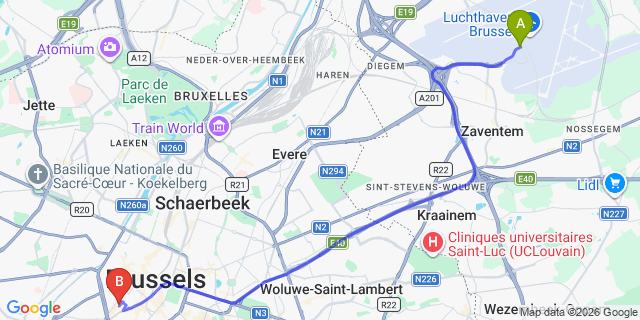 Map: Brussels Zaventem Airport (BRU) to Hotel The Augustin, Brussels