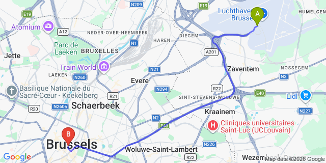Map: Brussels Zaventem Airport (BRU) to Hotel The Moon, Brussels