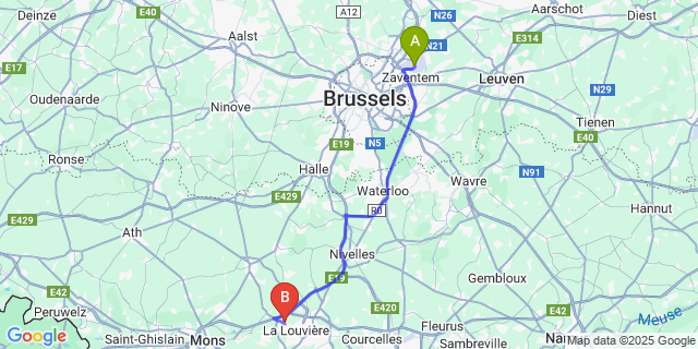 Map: Brussels Zaventem Airport (BRU) to Houdeng-Goegnies
