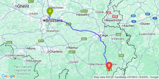 Map: Houffalize to Brussels Zaventem Airport (BRU)