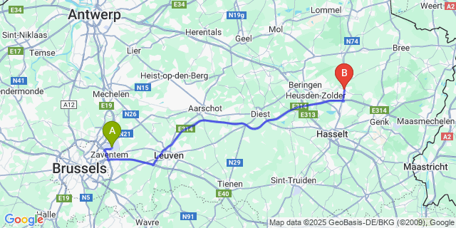 Map: Brussels Zaventem Airport (BRU) to Houthalen