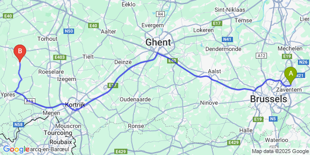 Map: Brussels Zaventem Airport (BRU) to Houthulst