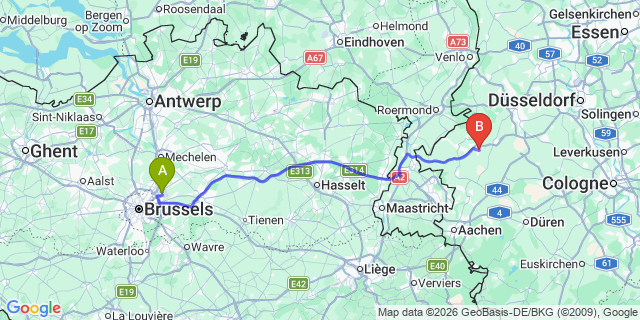 Map: Brussels Zaventem Airport (BRU) to Hückelhoven