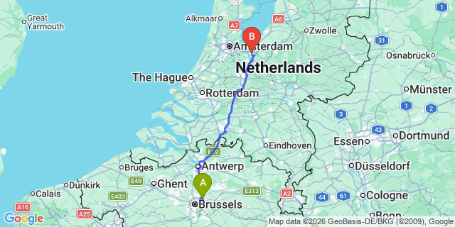 Map: Brussels Zaventem Airport (BRU) to Huizen