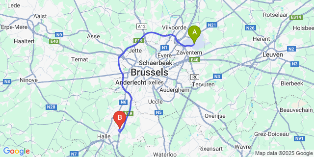 Map: Brussels Zaventem Airport (BRU) to Huizingen
