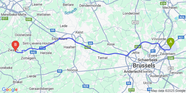 Map: Brussels Zaventem Airport (BRU) to Hundelgem