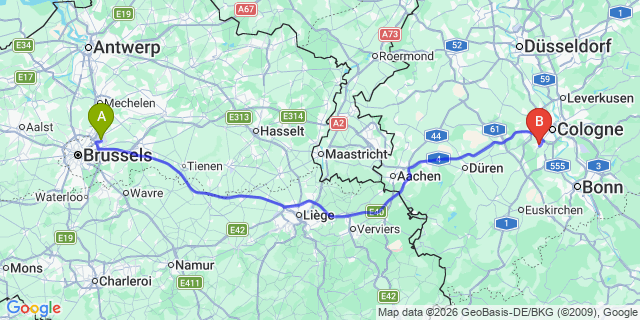 Map: Brussels Zaventem Airport (BRU) to Hürth