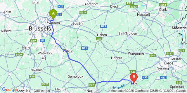 Map: Brussels Zaventem Airport (BRU) to Huy