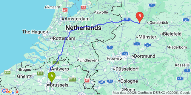 Map: Brussels Zaventem Airport (BRU) to Ibbenbüren