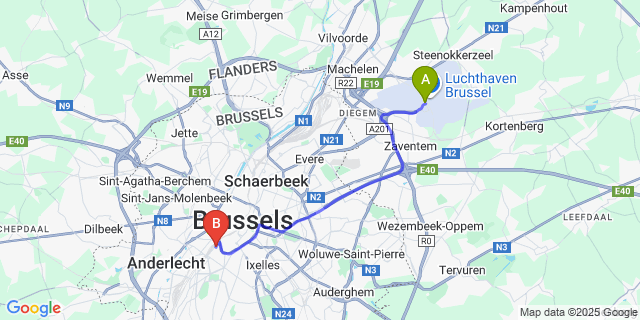 Map: Brussels Zaventem Airport (BRU) to ibis Brussels Centre Gare Midi