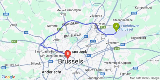 Map: Brussels Zaventem Airport (BRU) to ibis Brussels City Centre