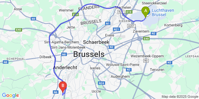 Map: Brussels Zaventem Airport (BRU) to ibis budget Brussels South Ruisbroek