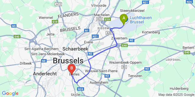 Map: Brussels Zaventem Airport (BRU) to ibis Styles Brussels Louise
