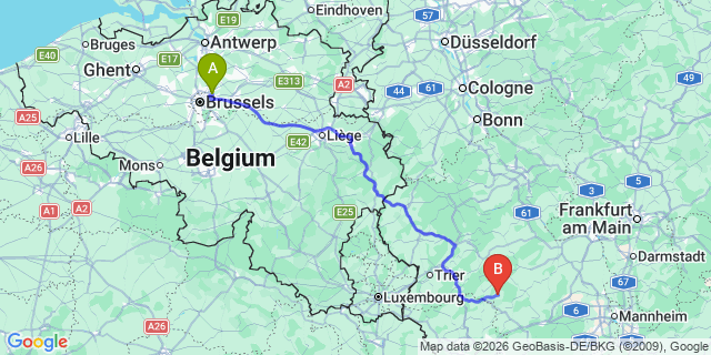 Map: Brussels Zaventem Airport (BRU) to Idar-Oberstein
