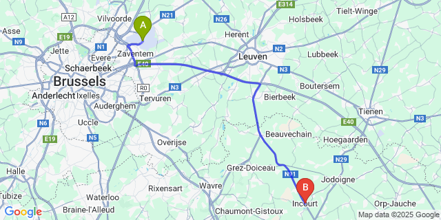 Map: Brussels Zaventem Airport (BRU) to Incourt