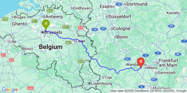 Map: Brussels Zaventem Airport (BRU) to Ingelheim am Rhein