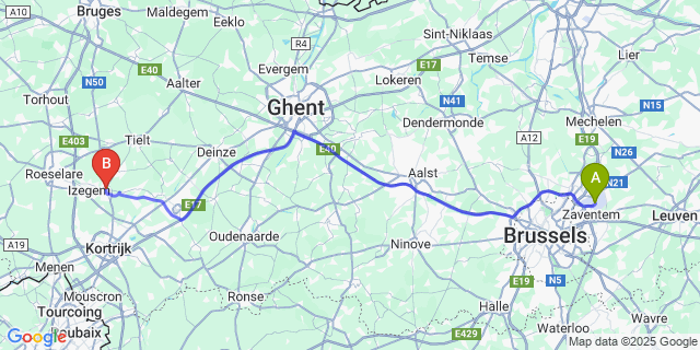 Map: Brussels Zaventem Airport (BRU) to Ingelmunster