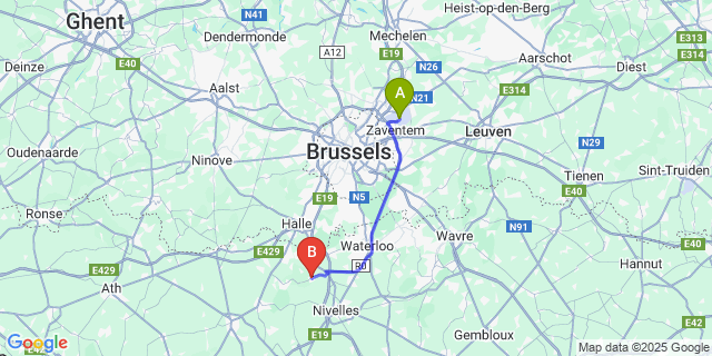 Map: Brussels Zaventem Airport (BRU) to Ittre
