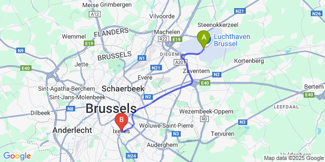 Map: Brussels Zaventem Airport (BRU) to Ixelles
