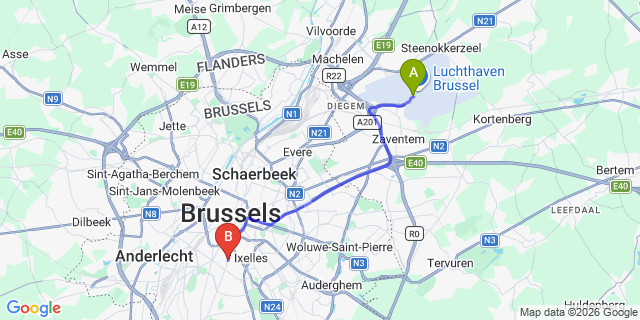 Map: Brussels Zaventem Airport (BRU) to Jam Hotel Brussels