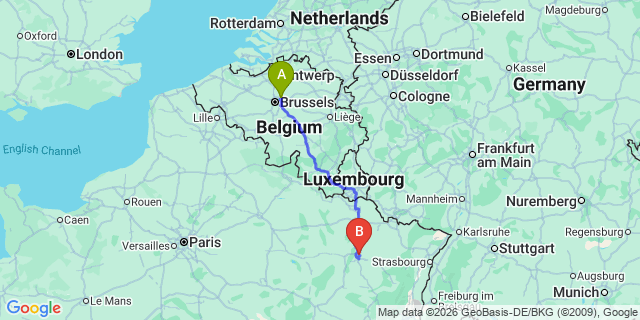 Map: Brussels Zaventem Airport (BRU) to Jarville-la-Malgrange