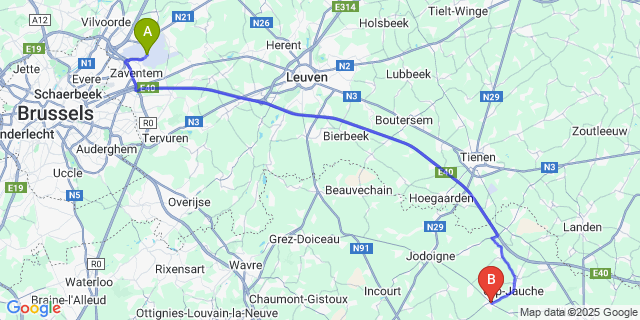 Map: Brussels Zaventem Airport (BRU) to Jauche