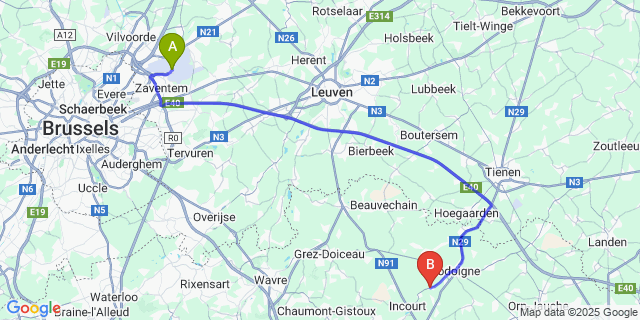 Map: Brussels Zaventem Airport (BRU) to Jodoigne-Souveraine