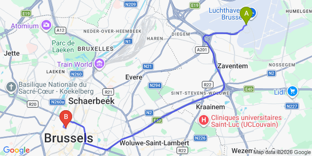 Map: Brussels Zaventem Airport (BRU) to Juliana Hotel & Spa - Brussels Centre