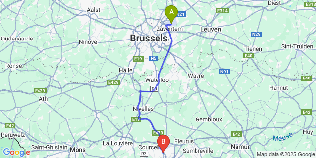 Map: Brussels Zaventem Airport (BRU) to Jumet