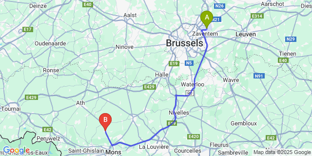 Map: Brussels Zaventem Airport (BRU) to Jurbise