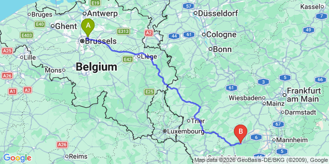 Map: Brussels Zaventem Airport (BRU) to Kaiserslautern