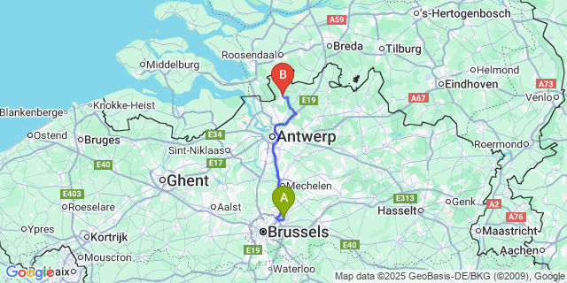 Map: Brussels Zaventem Airport (BRU) to Kalmthout