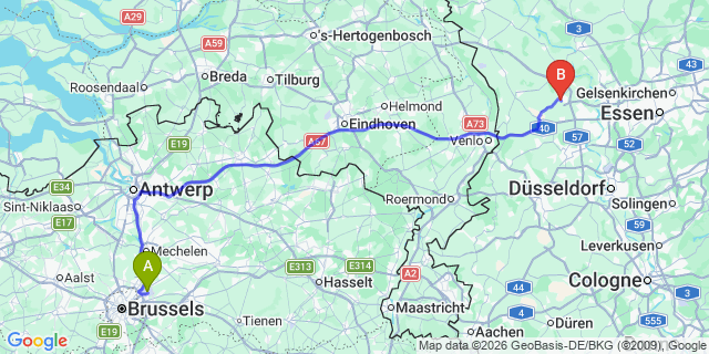 Map: Brussels Zaventem Airport (BRU) to Kamp-Lintfort