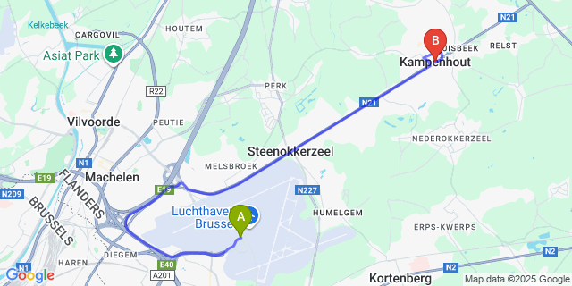 Map: Brussels Zaventem Airport (BRU) to Kampenhout