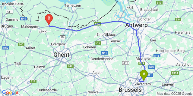 Map: Brussels Zaventem Airport (BRU) to Kaprijke
