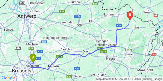 Map: Brussels Zaventem Airport (BRU) to Kaulille