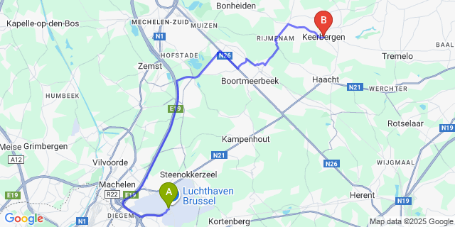 Map: Brussels Zaventem Airport (BRU) to Keerbergen