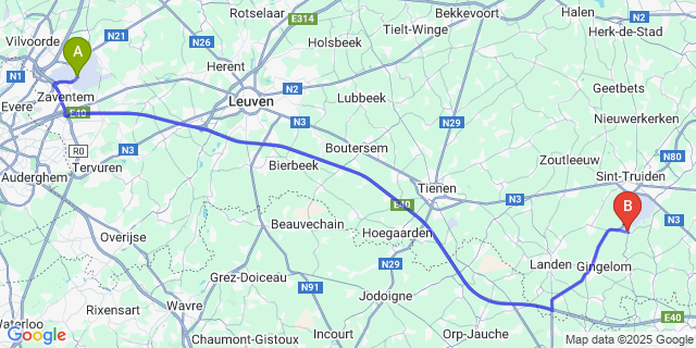 Map: Brussels Zaventem Airport (BRU) to Kerkom-bij-Sint-Truiden