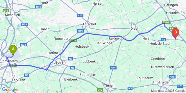 Map: Brussels Zaventem Airport (BRU) to Kermt
