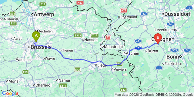 Map: Brussels Zaventem Airport (BRU) to Kerpen