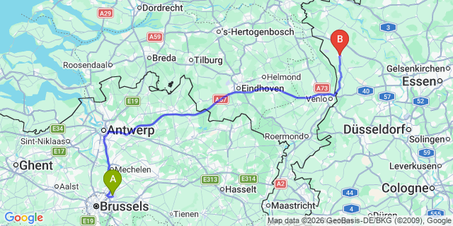 Map: Brussels Zaventem Airport (BRU) to Kevelaer