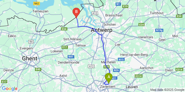 Map: Brussels Zaventem Airport (BRU) to Kieldrecht