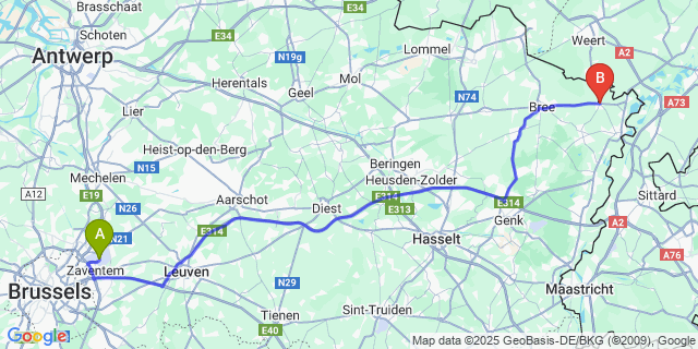 Map: Brussels Zaventem Airport (BRU) to Kinrooi