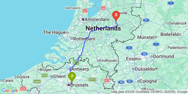 Map: Brussels Zaventem Airport (BRU) to Kleve
