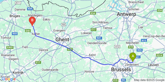 Map: Brussels Zaventem Airport (BRU) to Knesselare