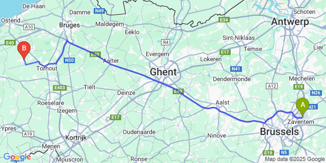Map: Brussels Zaventem Airport (BRU) to Koekelare