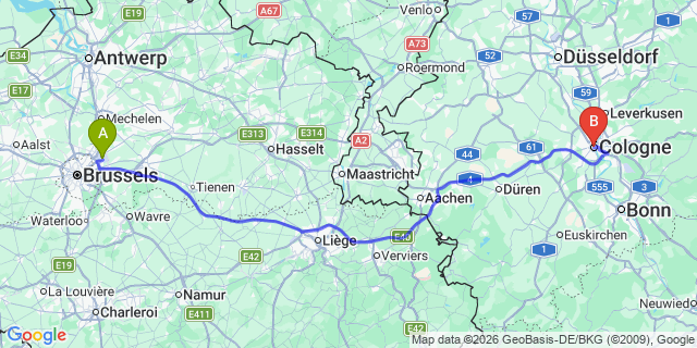 Map: Brussels Zaventem Airport (BRU) to Köln